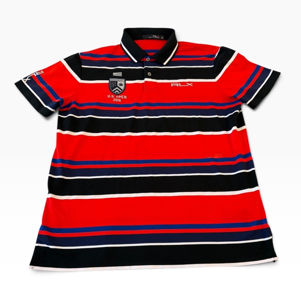RLX Ralph Lauren Mens 2016 US Open Oakmont Polo Shirt Red Black Striped Large